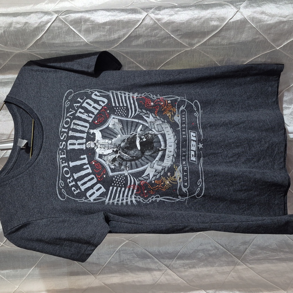 PBR Professional Bullriders Womens Sequin Baby Tshirt Charcoal Black Size XL